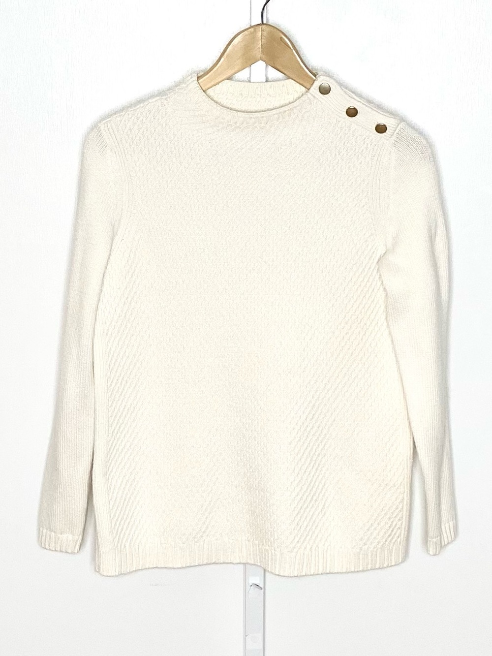 Talbots | Cream Gold Button-Accent Mockneck Cotton-Blend Knit Sweater Sz SP